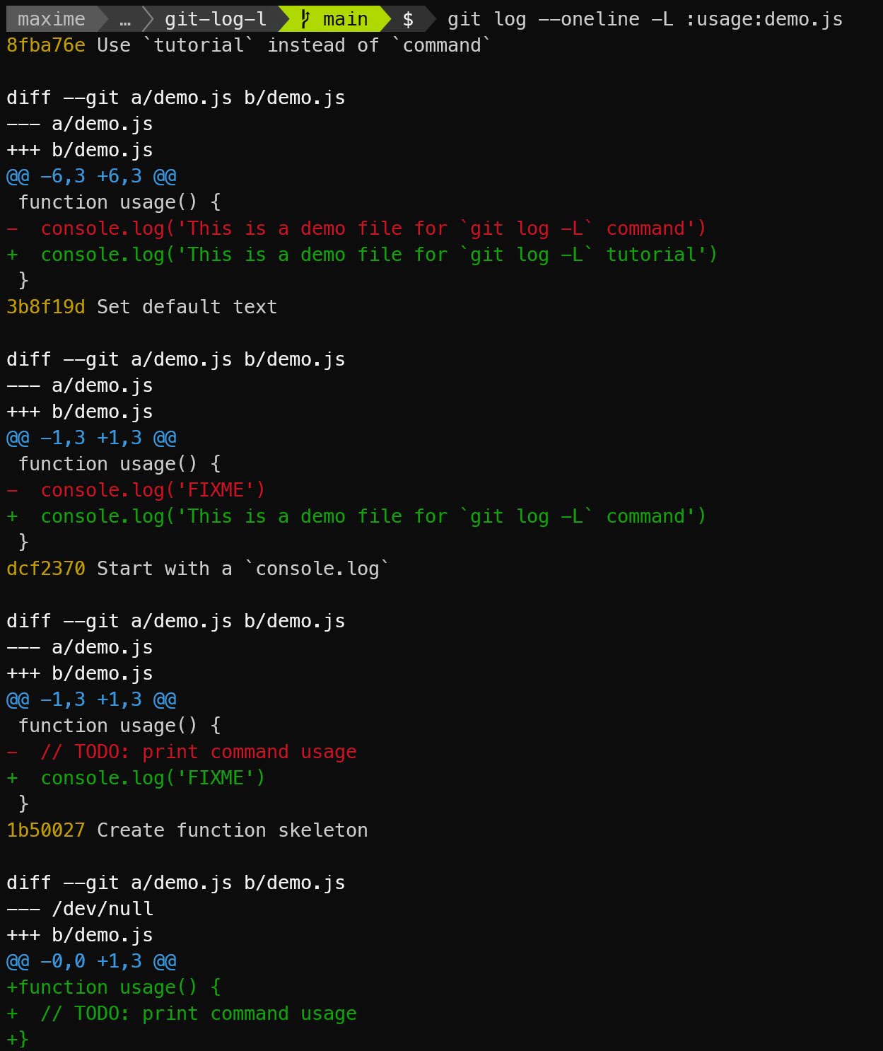 "log -L" shows every update within the function through its commit history