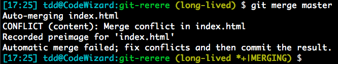 Your first rerere-enabled conflict. Notice the 3rd line.